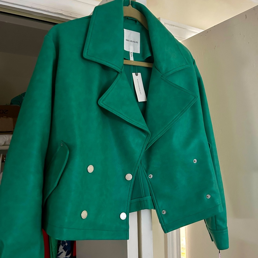 Anthropologie Green Faux Leather Jacket Modern Cropped Design